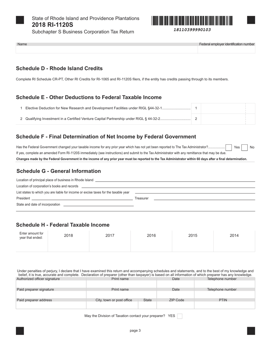 Form RI-1120S Subchapter S Business Corporation Tax Return - Rhode Island, Page 3