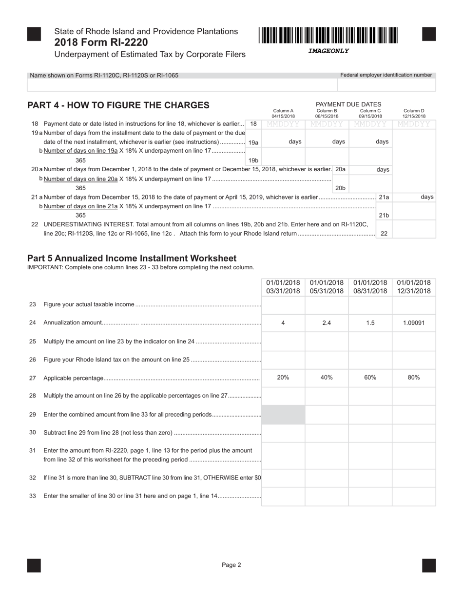 Form RI-2220 Underpayment of Estimated Tax by Corporate Filers - Rhode Island, Page 2