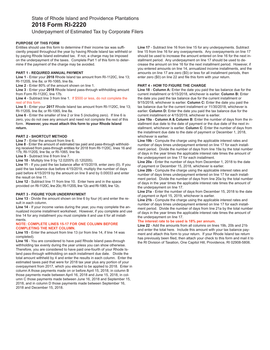 Form RI-2220 Underpayment of Estimated Tax by Corporate Filers - Rhode Island, Page 3
