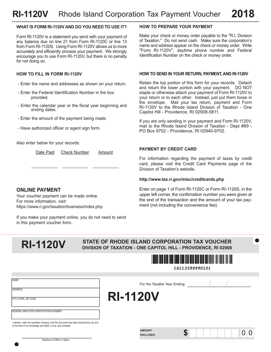 Form RI-1120V Corporation Tax Payment Voucher - Rhode Island, Page 1