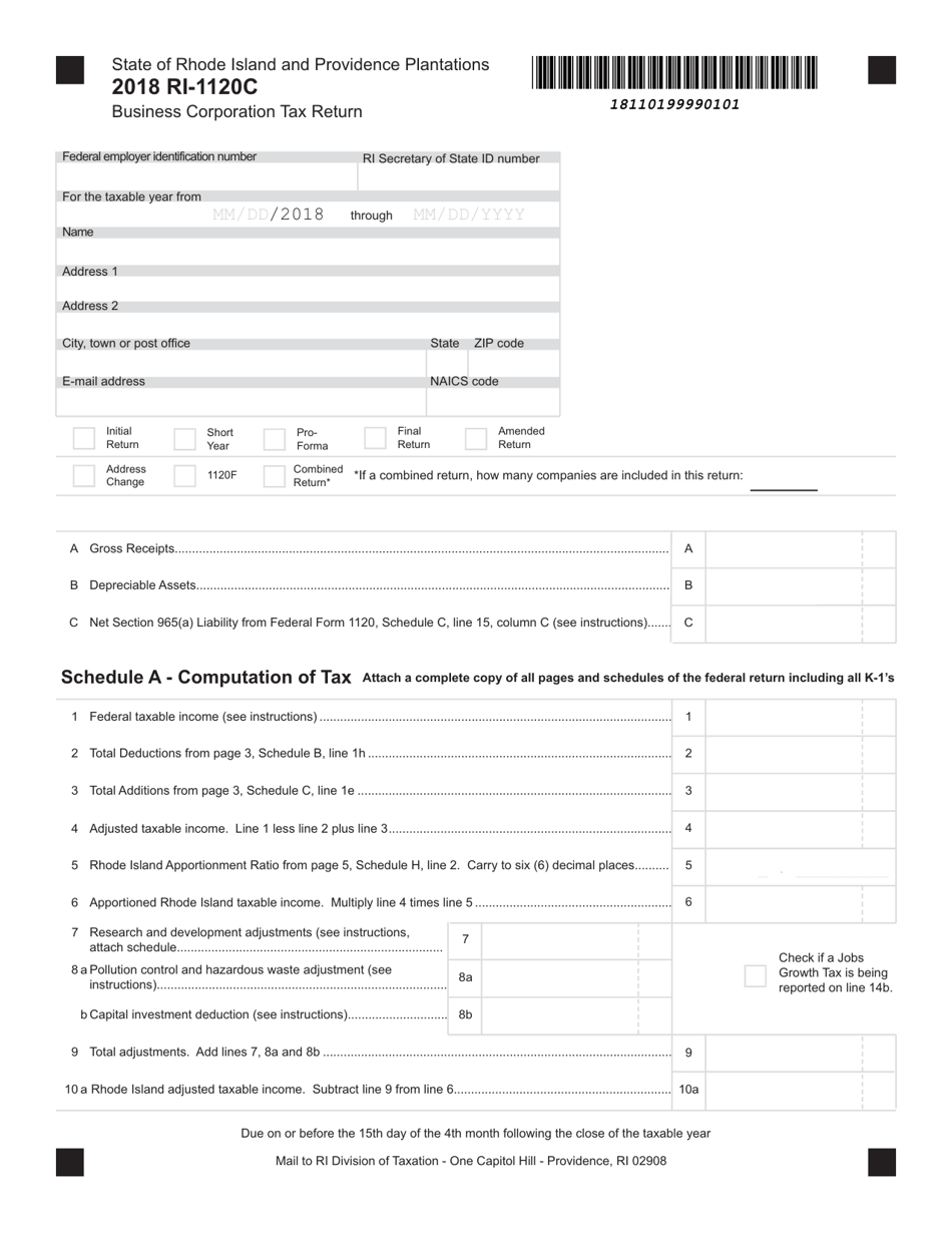 Form RI-1120C Business Corporation Tax Return - Rhode Island, Page 1