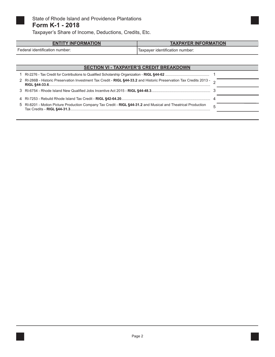 Form K-1 Taxpayers Share of Income, Deductions, Credits, Etc. - Rhode Island, Page 2