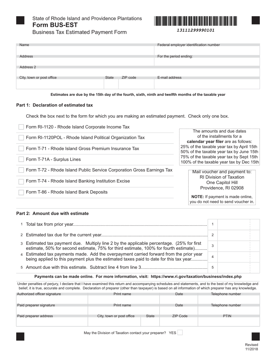 Form BUS-EST Business Tax Estimated Payment Form - Rhode Island, Page 1