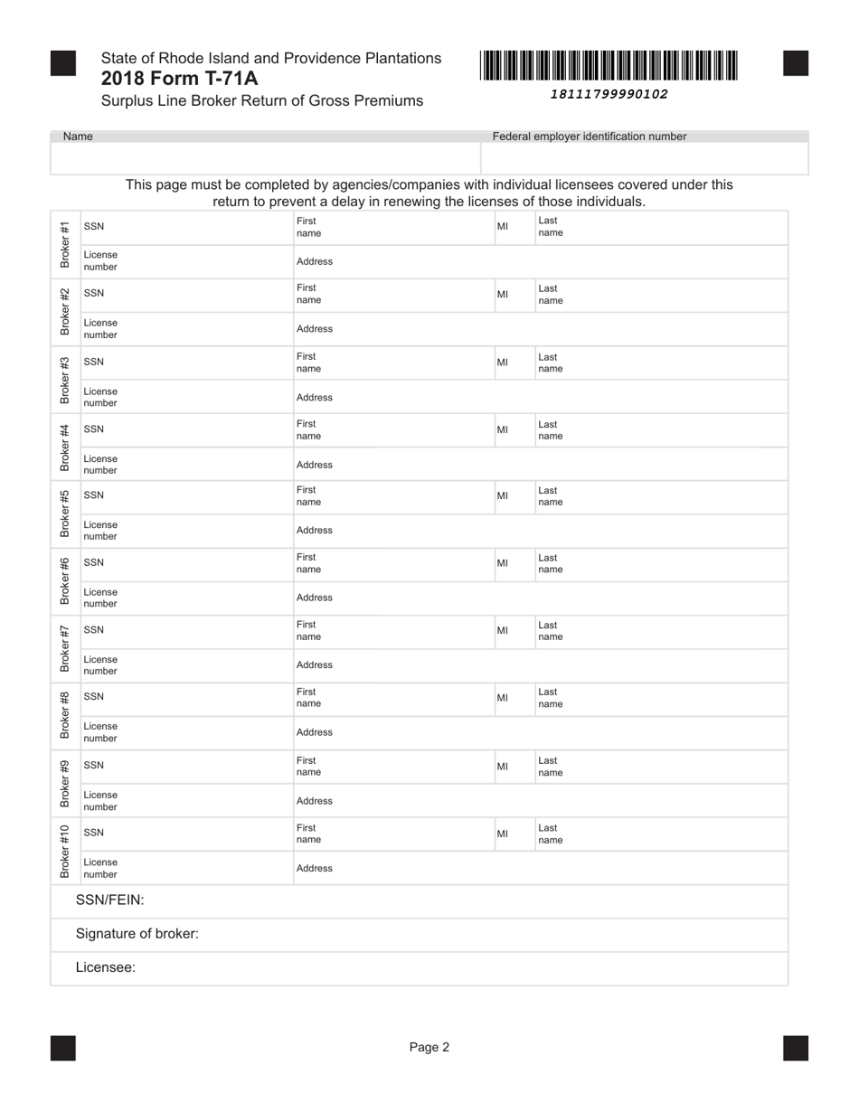 Form T-71A Surplus Line Broker Return of Gross Premiums - Rhode Island, Page 2