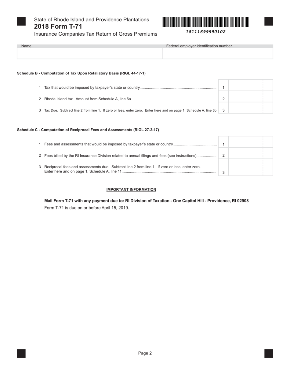 Form T-71 Insurance Companies Tax Return of Gross Premiums - Rhode Island, Page 2