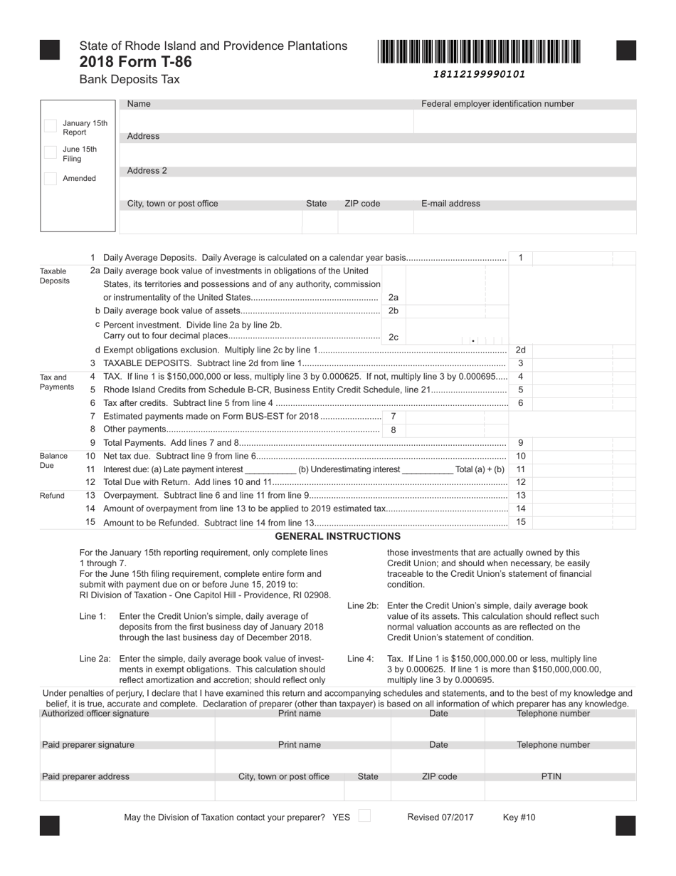 Form T-86 Bank Deposits Tax - Rhode Island, Page 1