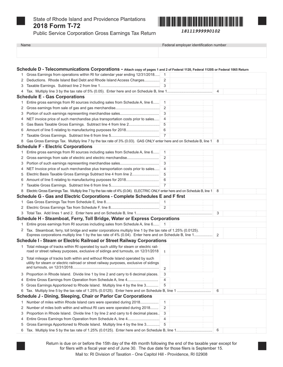 Form T-72 Public Service Corporation Gross Earnings Tax Return - Rhode Island, Page 2