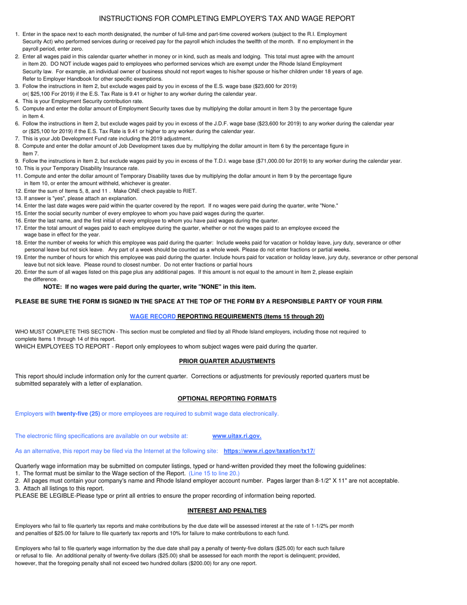 Form TX-17 Quarterly Tax and Wage Report - Rhode Island, Page 2