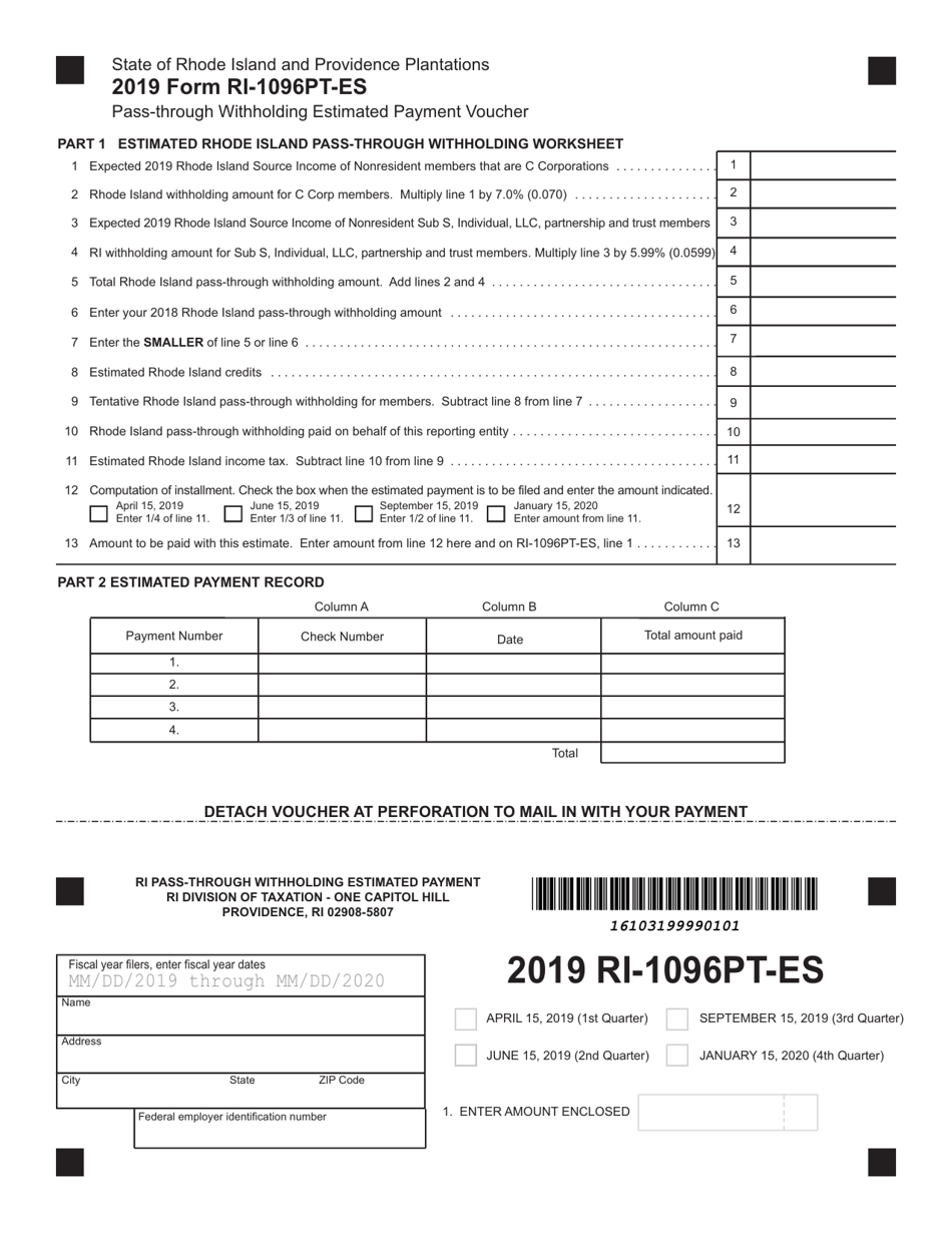 Form RI-1096PT-ES Pass-Through Withholding Estimated Payment Voucher - Rhode Island, Page 1