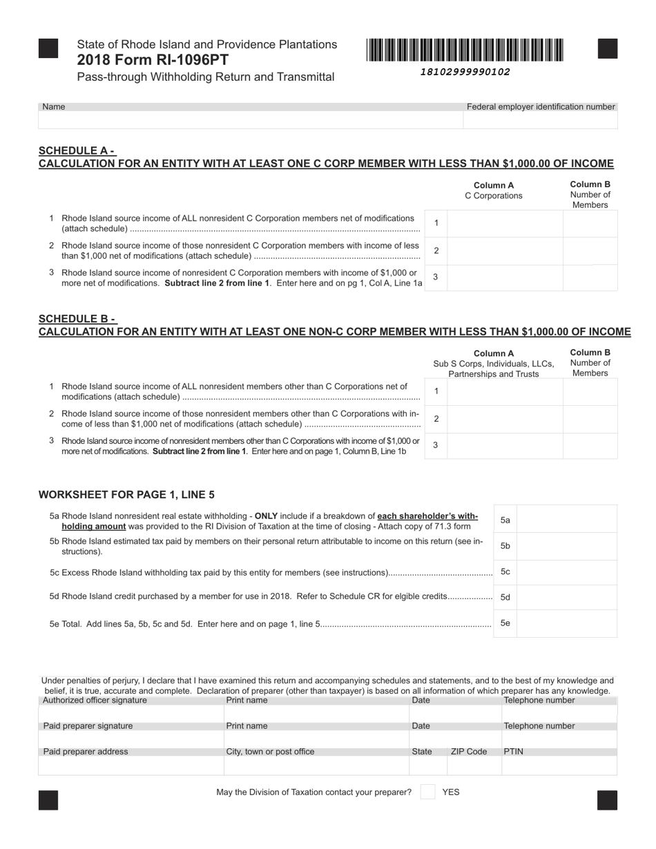 Form RI-1096PT Pass-Through Withholding Return and Transmittal - Rhode Island, Page 2