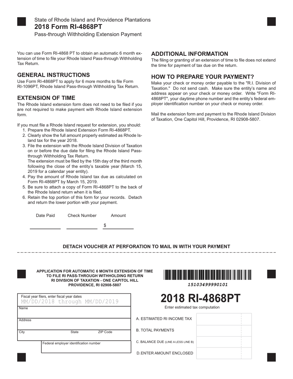 Form RI-4868PT Pass-Through Withholding Extension Payment - Rhode Island, Page 1