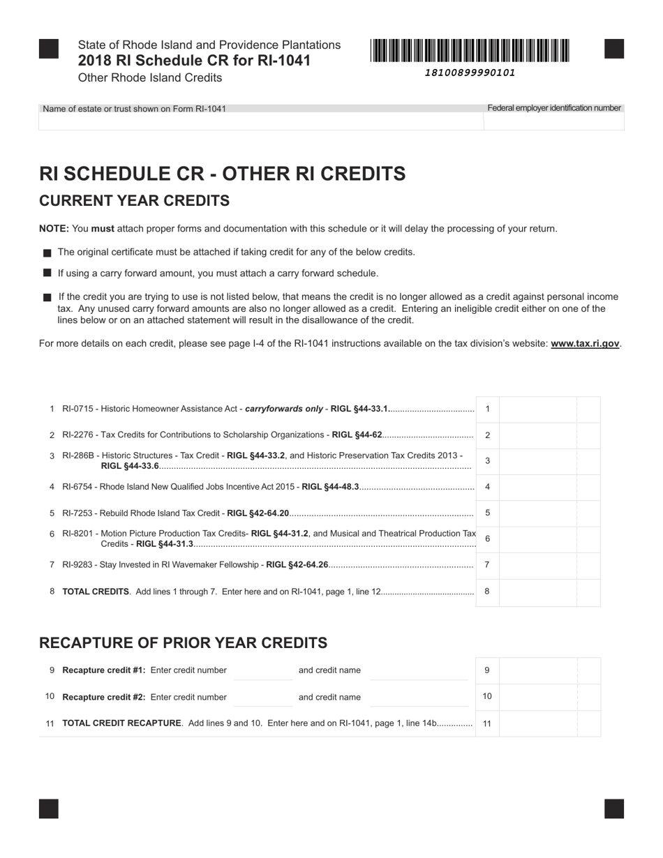 Form RI-4041 Schedule CR Other Rhode Island Credits - Rhode Island, Page 1