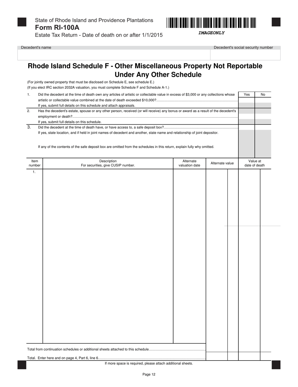 Form RI-100A Estate Tax for Decedents With a Date of Death on or After January 1, 2015 - Rhode Island, Page 12