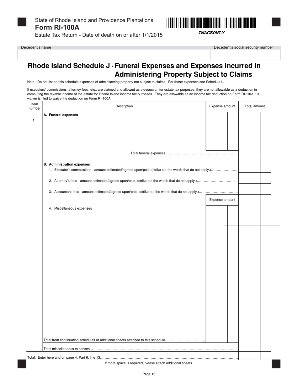 Form RI-100A Estate Tax for Decedents With a Date of Death on or After January 1, 2015 - Rhode Island, Page 15