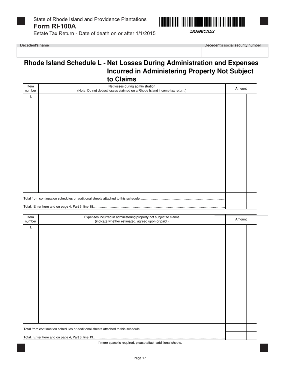 Form RI-100A Estate Tax for Decedents With a Date of Death on or After January 1, 2015 - Rhode Island, Page 17