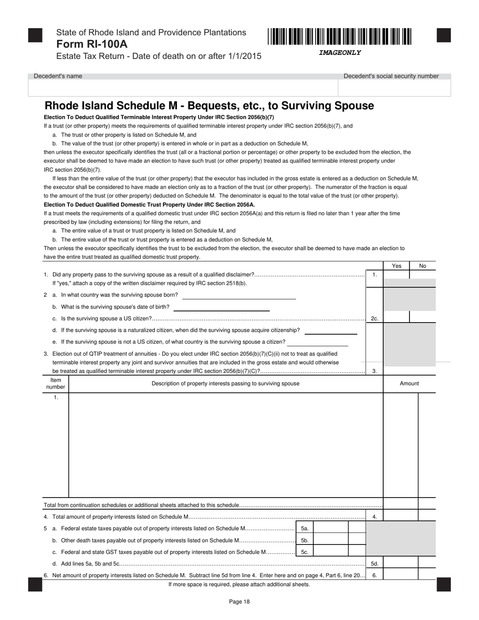 Form RI-100A Estate Tax for Decedents With a Date of Death on or After January 1, 2015 - Rhode Island, Page 18
