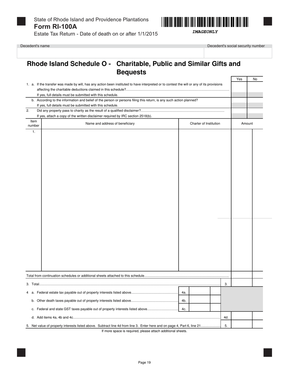 Form RI-100A Estate Tax for Decedents With a Date of Death on or After January 1, 2015 - Rhode Island, Page 19