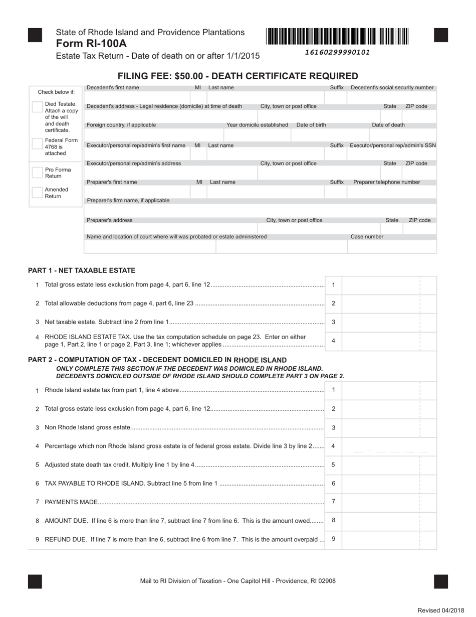 Form RI-100A Estate Tax for Decedents With a Date of Death on or After January 1, 2015 - Rhode Island, Page 1