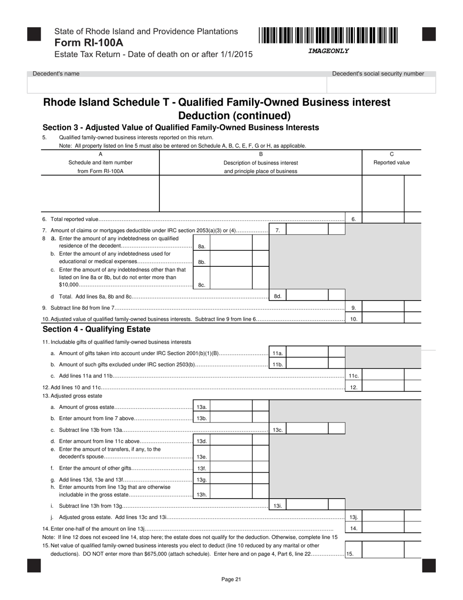 Form RI-100A Estate Tax for Decedents With a Date of Death on or After January 1, 2015 - Rhode Island, Page 21