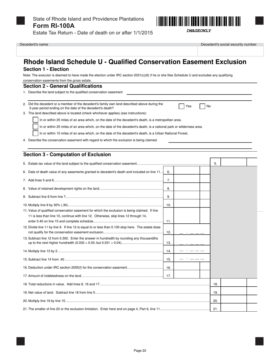 Form RI-100A Estate Tax for Decedents With a Date of Death on or After January 1, 2015 - Rhode Island, Page 22