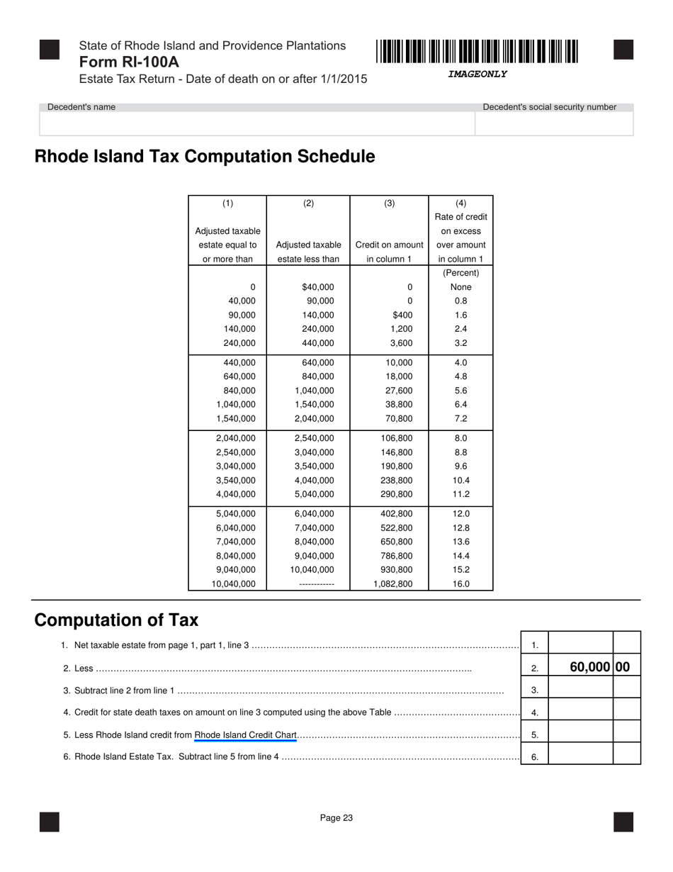 Form RI-100A Estate Tax for Decedents With a Date of Death on or After January 1, 2015 - Rhode Island, Page 23