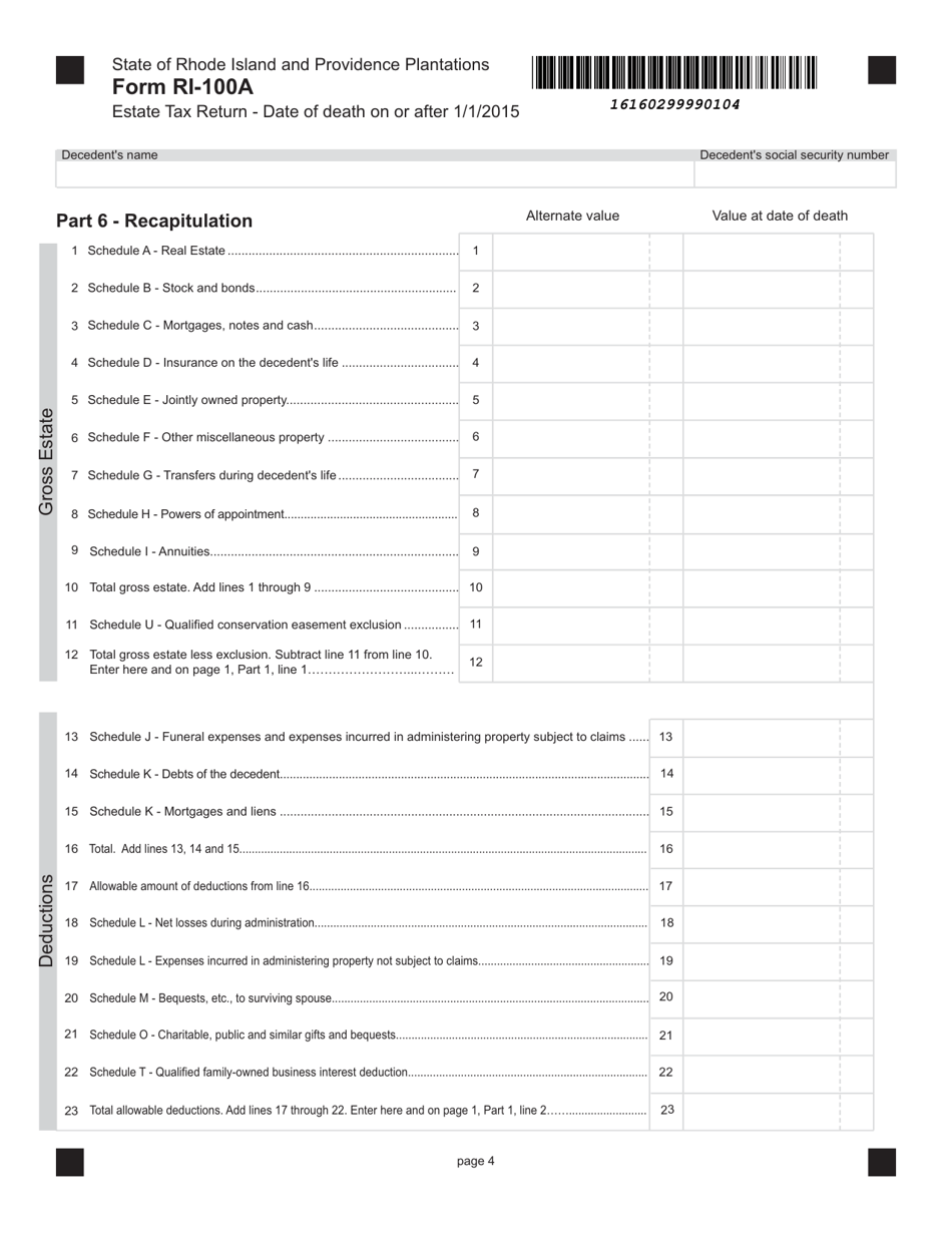 Form RI-100A Estate Tax for Decedents With a Date of Death on or After January 1, 2015 - Rhode Island, Page 4