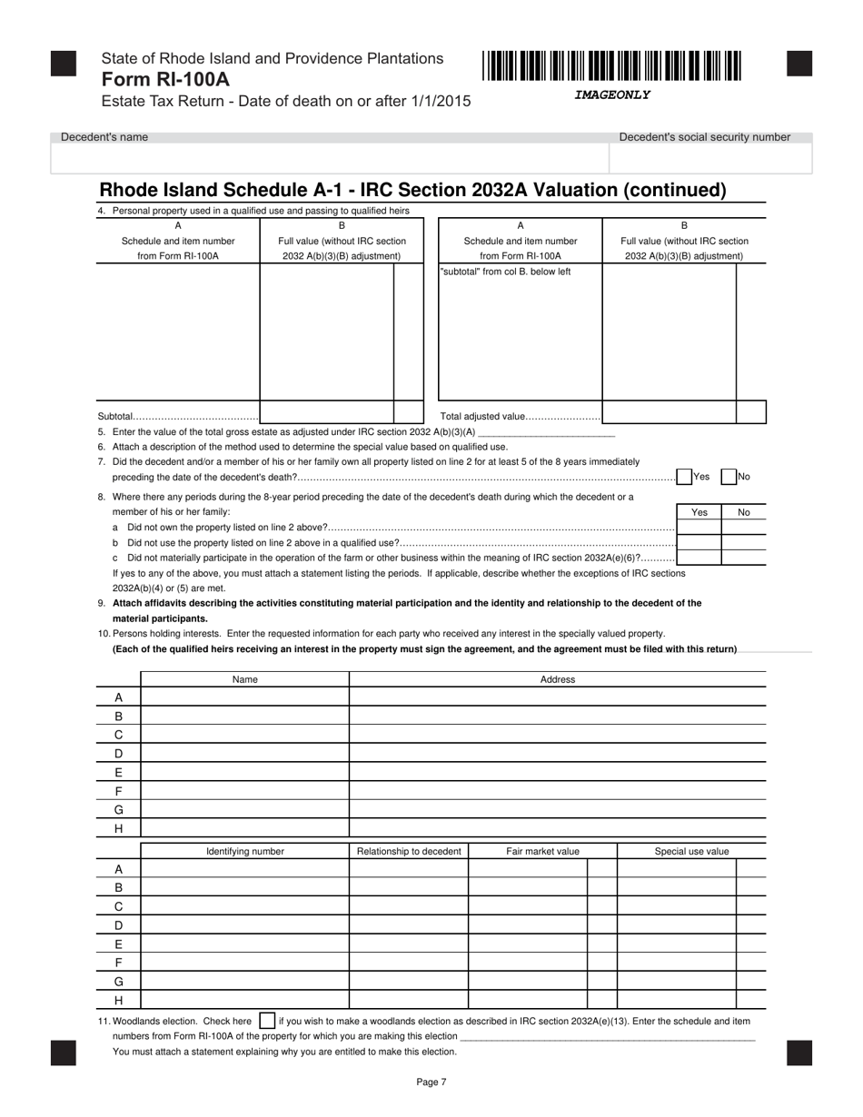 Form RI-100A Estate Tax for Decedents With a Date of Death on or After January 1, 2015 - Rhode Island, Page 7