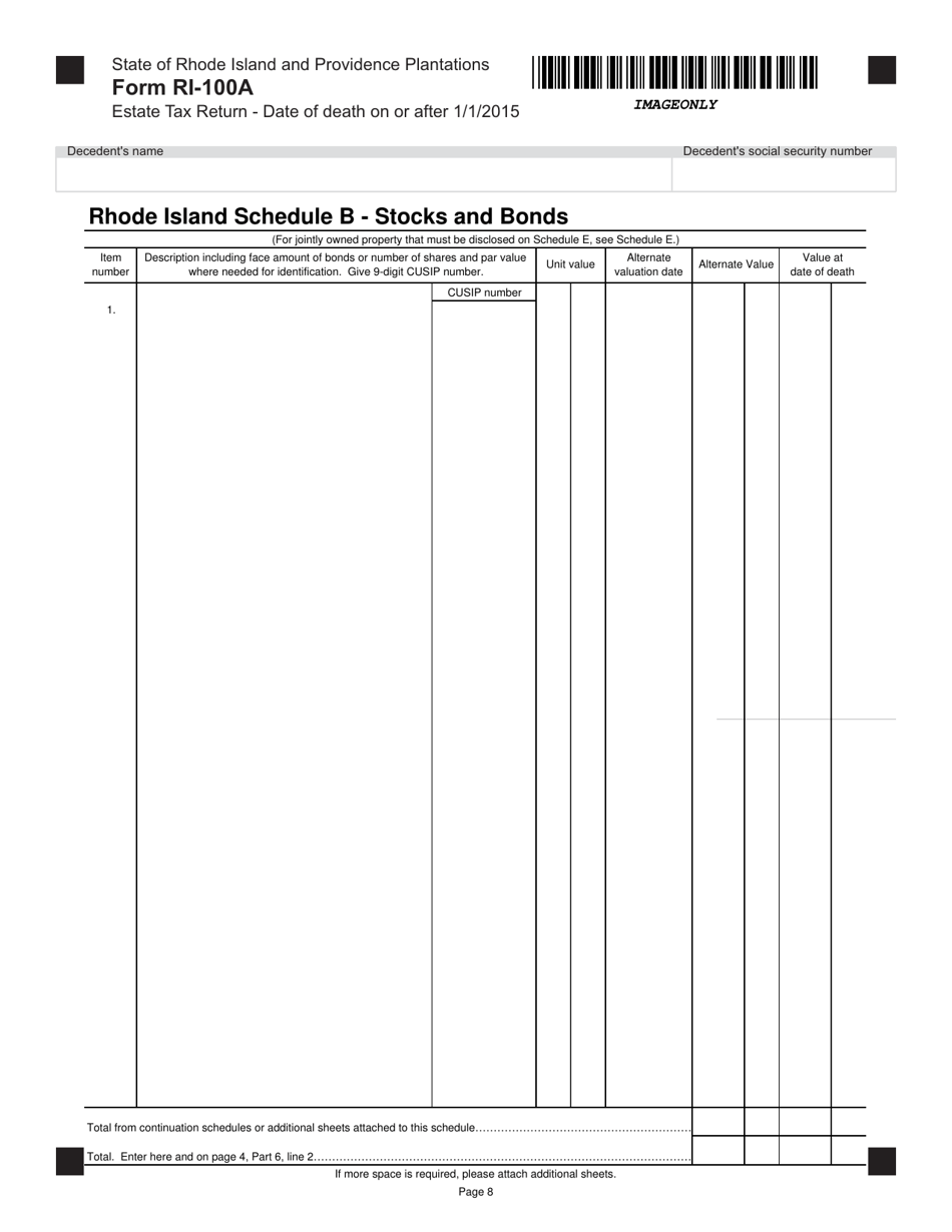 Form RI-100A Estate Tax for Decedents With a Date of Death on or After January 1, 2015 - Rhode Island, Page 8