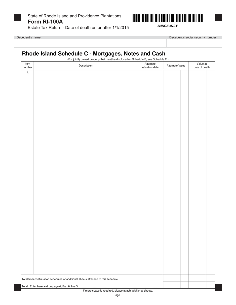 Form RI-100A Estate Tax for Decedents With a Date of Death on or After January 1, 2015 - Rhode Island, Page 9