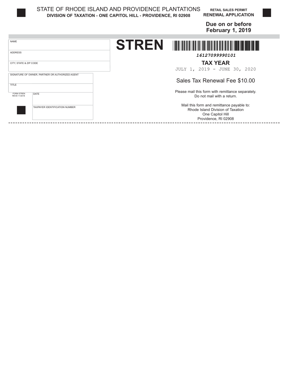 Form STREN Retail Sales Permit Renewal Application - Rhode Island, Page 1