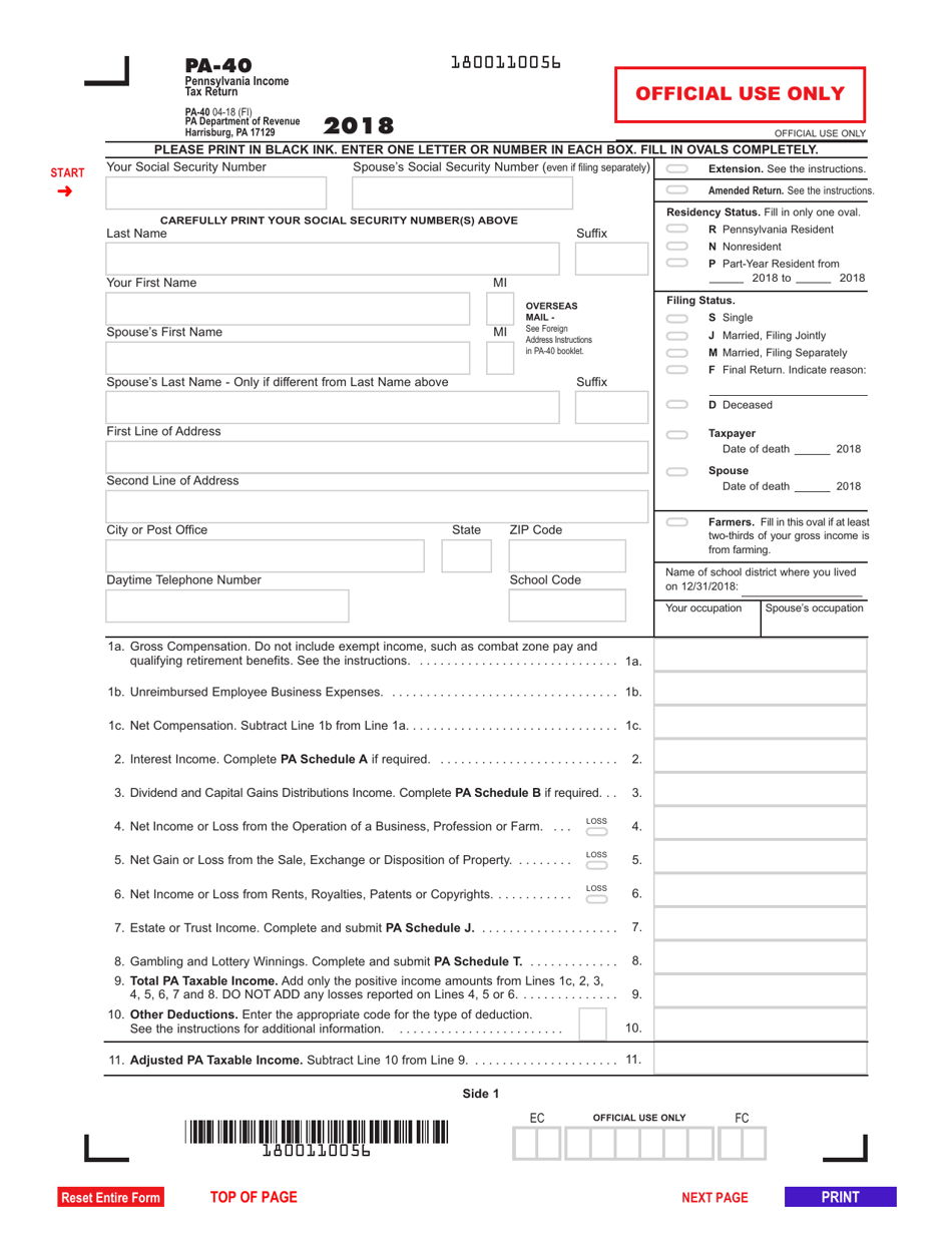 Form PA-40 Pennsylvania Income Tax Return - Pennsylvania, Page 1