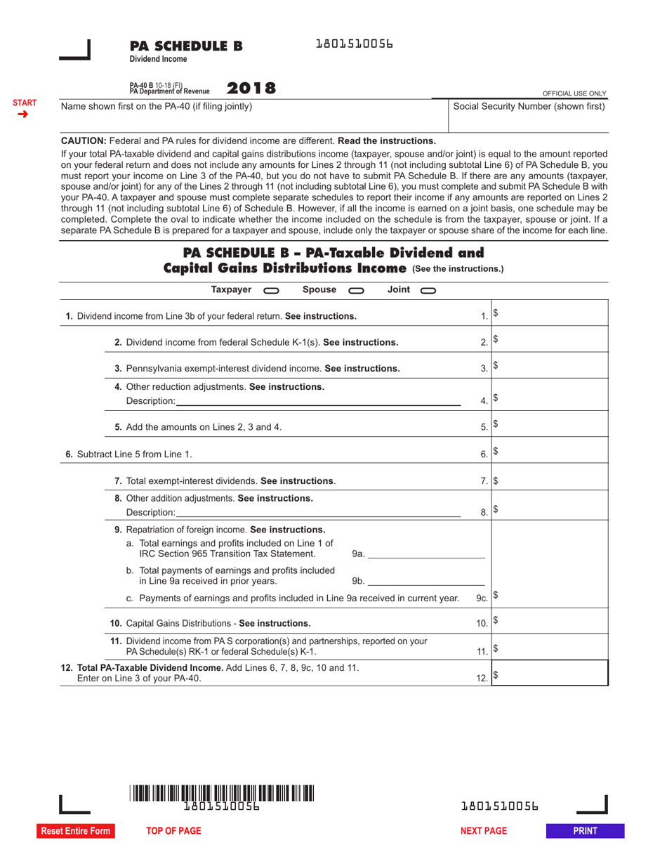 Form PA-40 Schedule B Dividend Income - Pennsylvania, Page 1