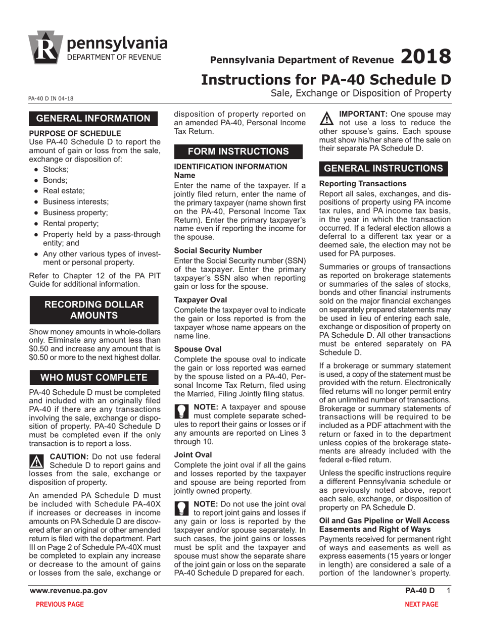 Form PA-40 Schedule D Sale, Exchange or Disposition of Property - Pennsylvania, Page 3