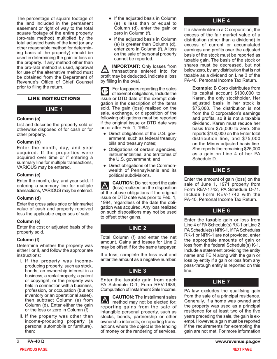 Form PA-40 Schedule D Sale, Exchange or Disposition of Property - Pennsylvania, Page 4
