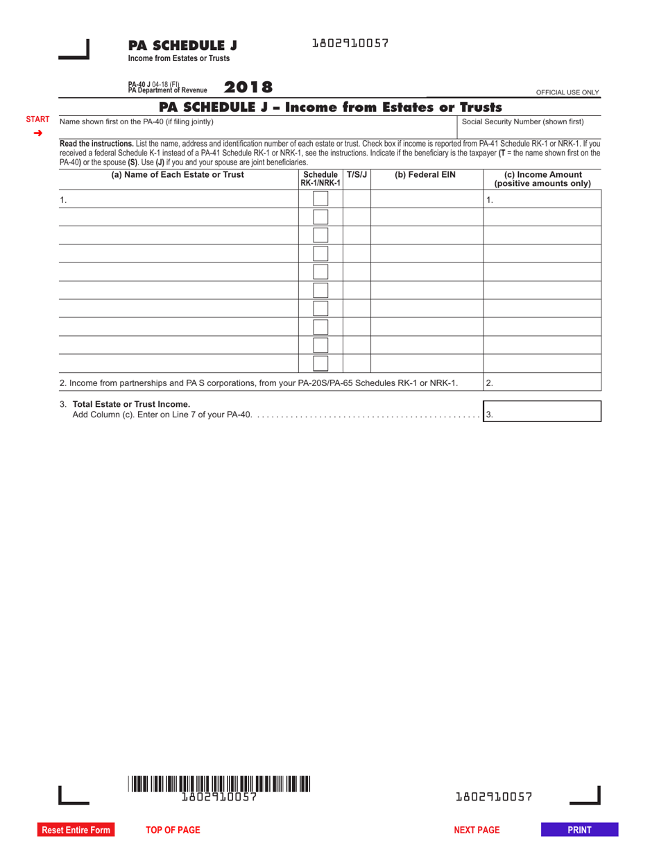 Form PA-40 Schedule J Income From Estates or Trusts - Pennsylvania, Page 1