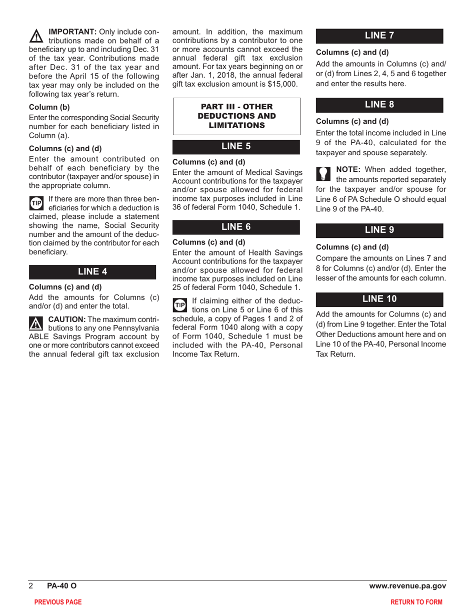Form PA-40 Schedule O Other Deductions - Pennsylvania, Page 4