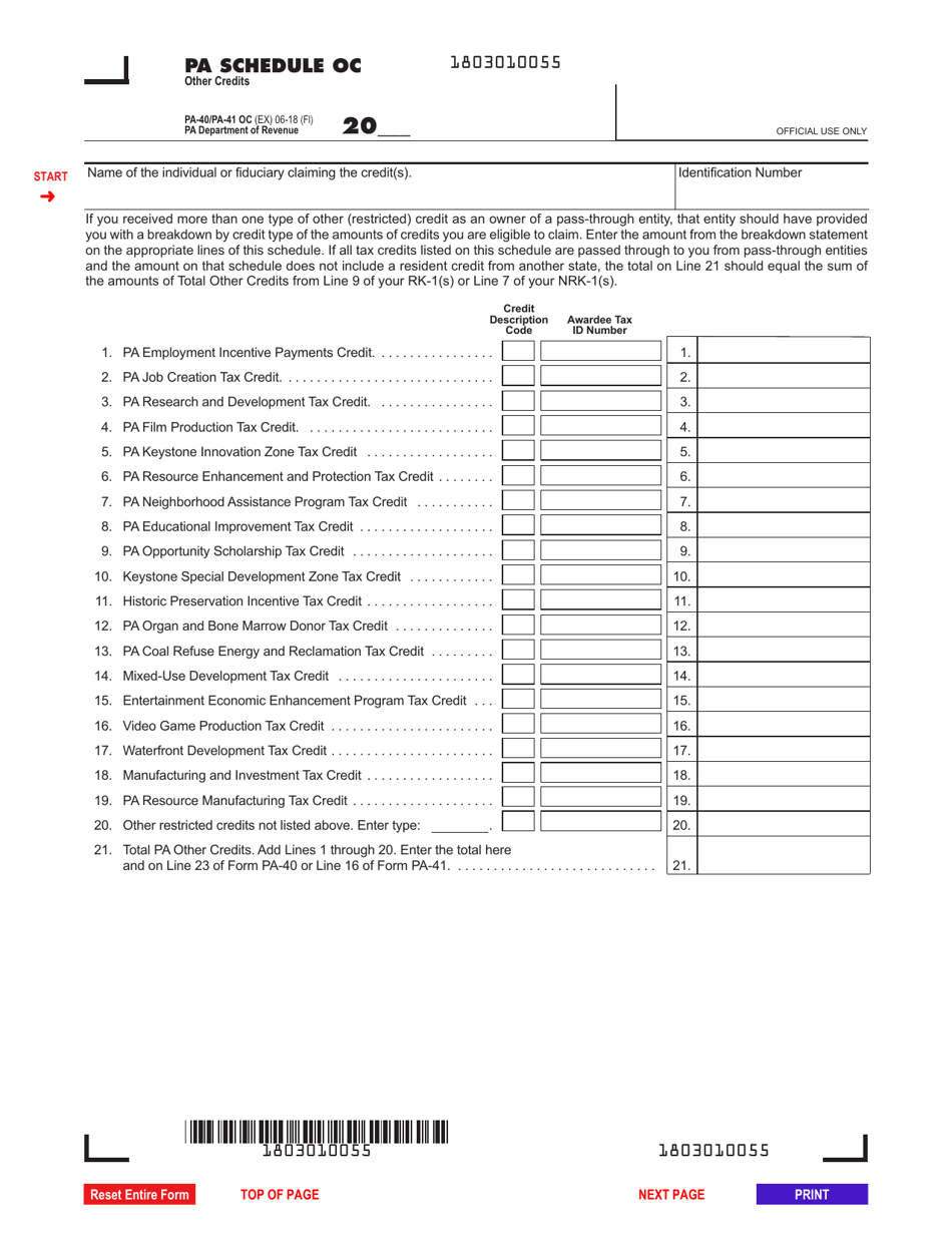 Form PA-40 (PA-41 OC) Schedule OC Other Credits - Pennsylvania, Page 1