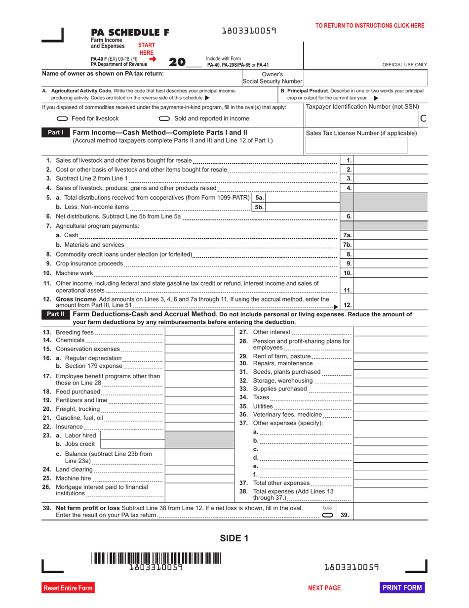 Form PA-40 Schedule F: Farm Income And Expenses