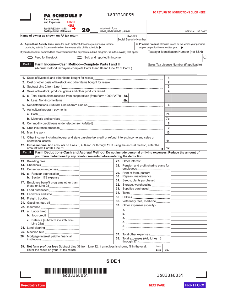 Form PA-40 Schedule F Farm Income and Expenses - Pennsylvania, Page 1