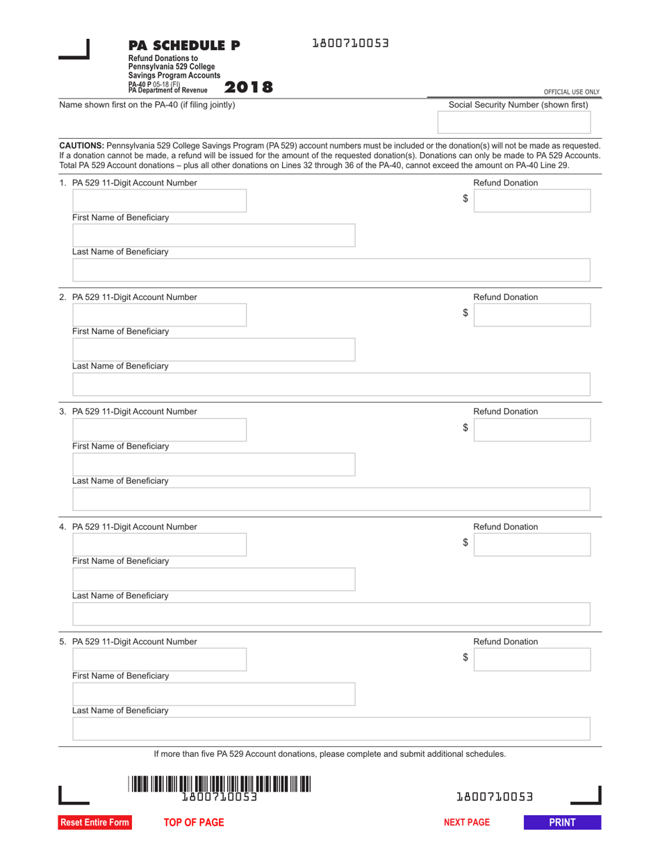 Form PA-40 Schedule P Refund Donations to Pennsylvania 529 College Savings Program Accounts - Pennsylvania, Page 1