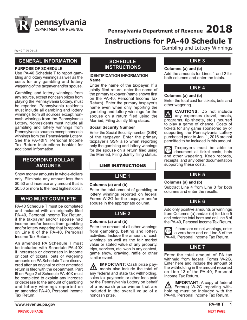 Form PA-40 Schedule T Gambling and Lottery Winnings - Pennsylvania, Page 3