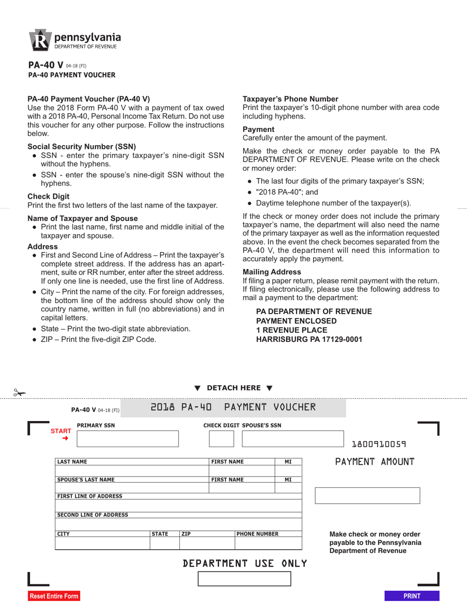 Form PA-40 V Payment Voucher - Pennsylvania, Page 1