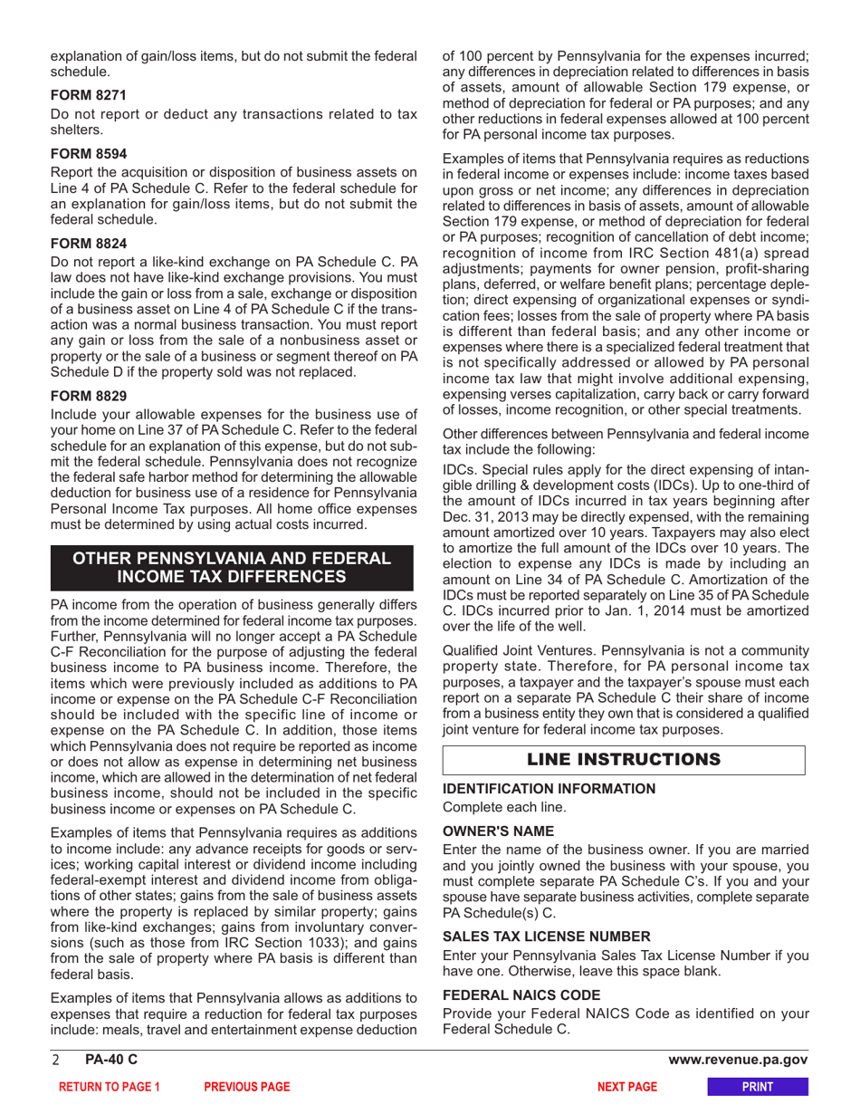 Form PA-40 Schedule C Profit or Loss From Business or Profession (Sole Proprietorship) - Pennsylvania, Page 4