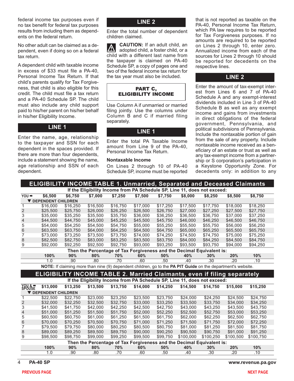 Form PA-40 Schedule SP Special Tax Forgiveness - Pennsylvania, Page 6