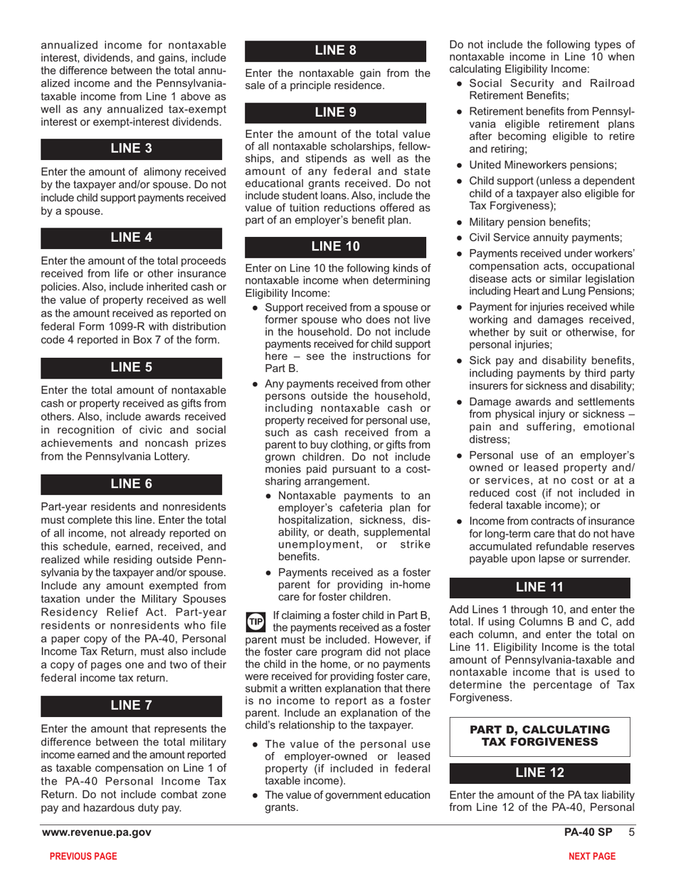 Form PA-40 Schedule SP Special Tax Forgiveness - Pennsylvania, Page 7