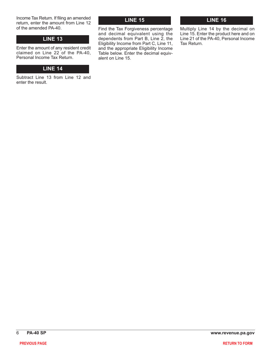 Form PA-40 Schedule SP Special Tax Forgiveness - Pennsylvania, Page 8