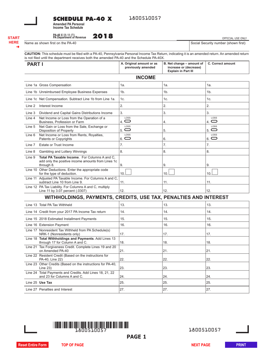 Form PA-40 X Schedule PA-40 X Amended Pa Personal Income Tax Schedule - Pennsylvania, Page 1