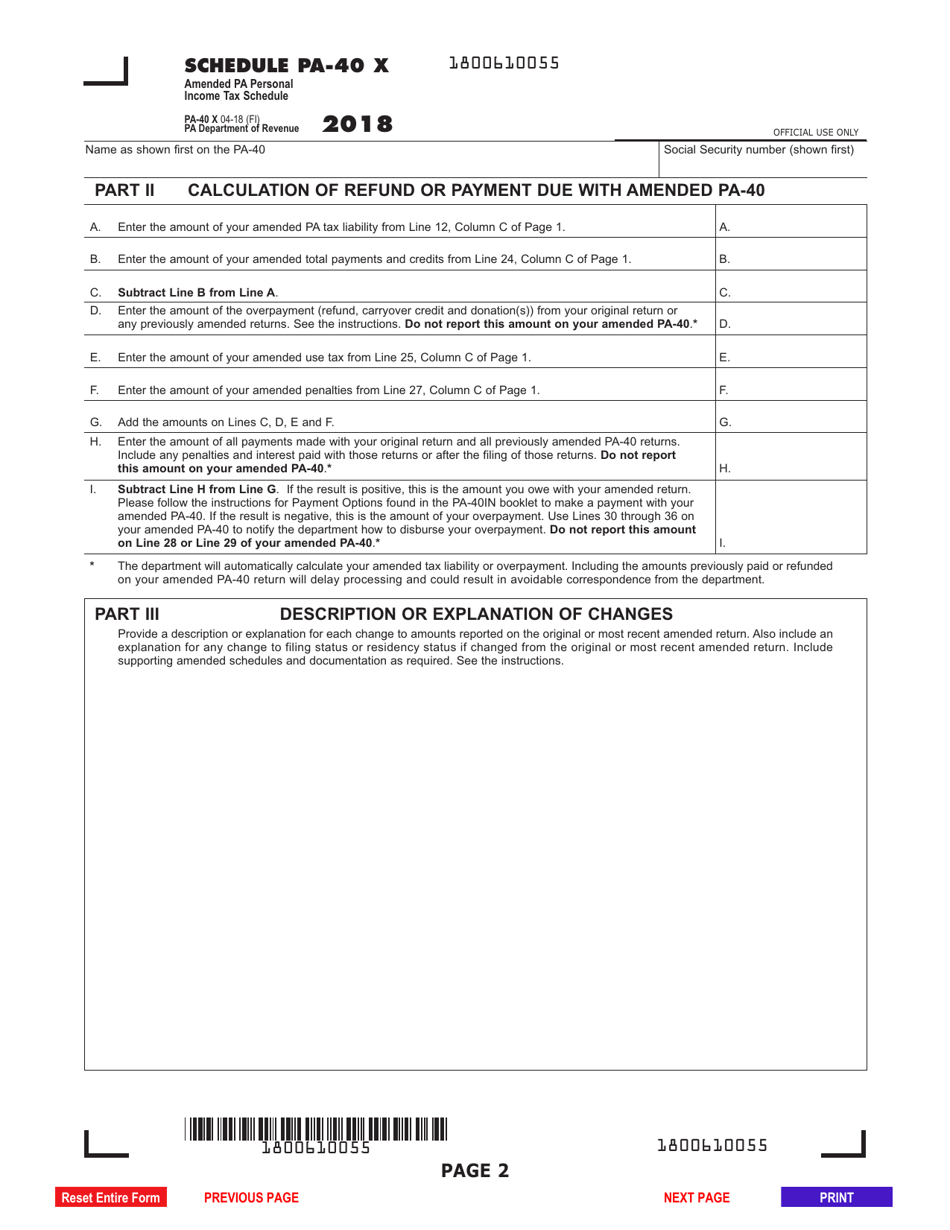 Form PA-40 X Schedule PA-40 X Amended Pa Personal Income Tax Schedule - Pennsylvania, Page 2
