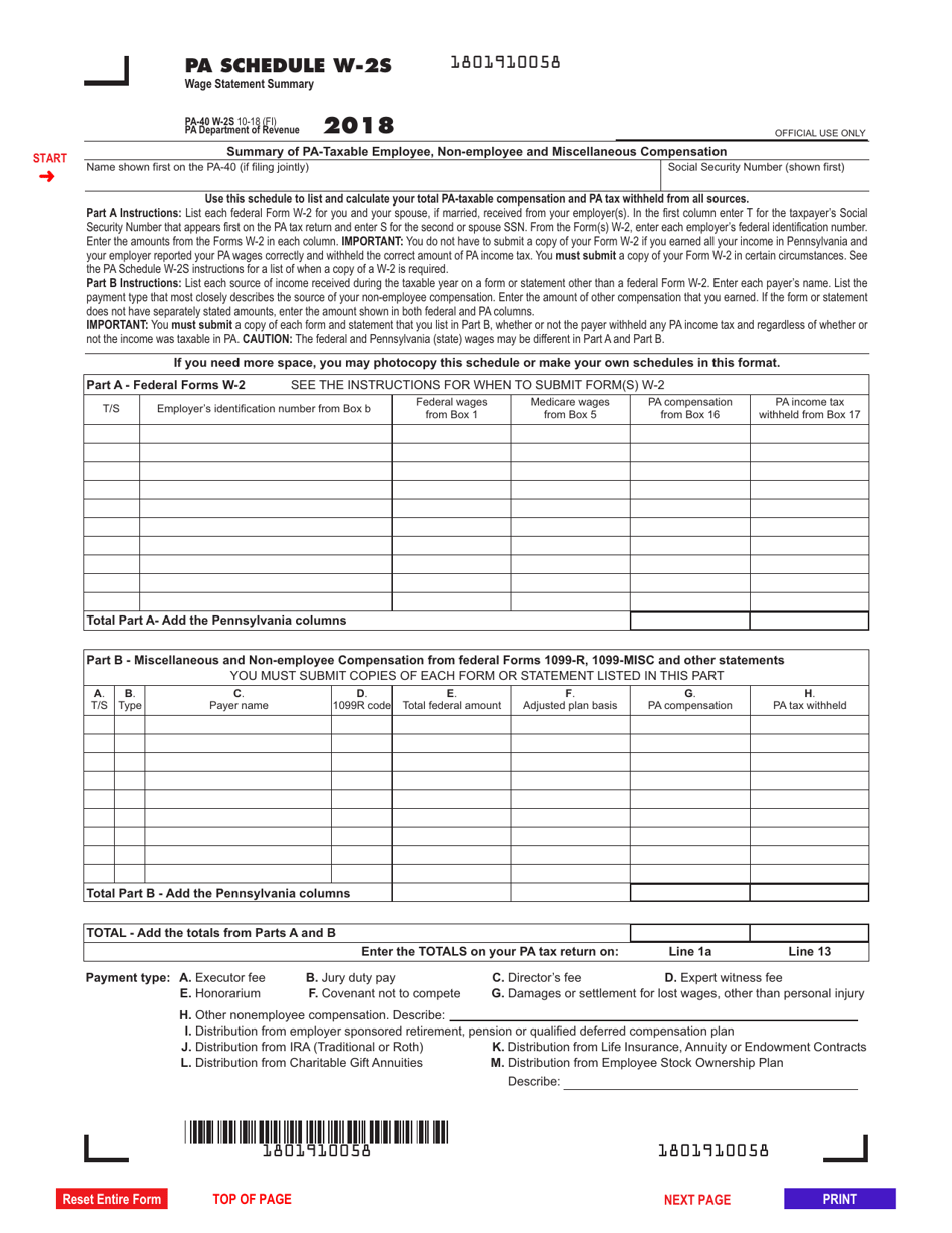 Form PA-40 Schedule W-2S - 2018 - Fill Out, Sign Online and Download ...