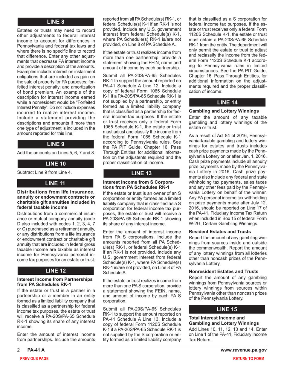 Form PA-41 Schedule A Interest Income and Gambling and Lottery Winnings - Pennsylvania, Page 4
